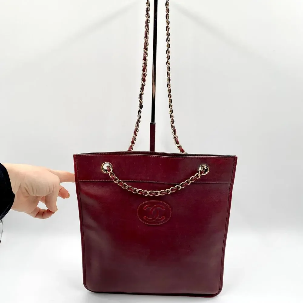 Chanel Burgundy Lambskin Leather Flat Tote Bag Large Classic CC Chain Vintage